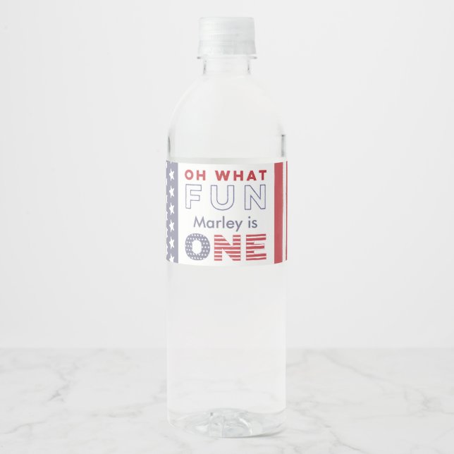 Oh What Fun One -Red White Blue 1st Birthday Party Water Bottle Label (Front)