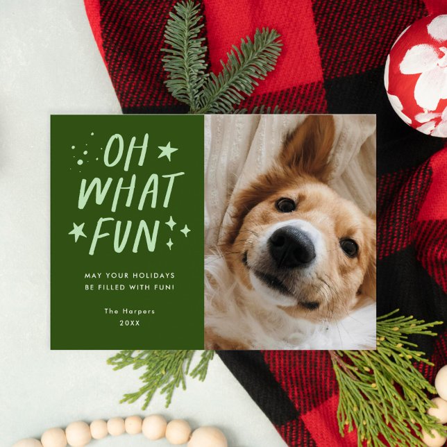 Oh What Fun Pets Photo Christmas Green Holiday Card (oh what fun pet christmas card)