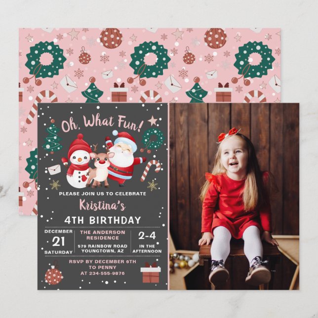 Oh What Fun Pink Black Christmas Birthday Photo Invitation (Front/Back)