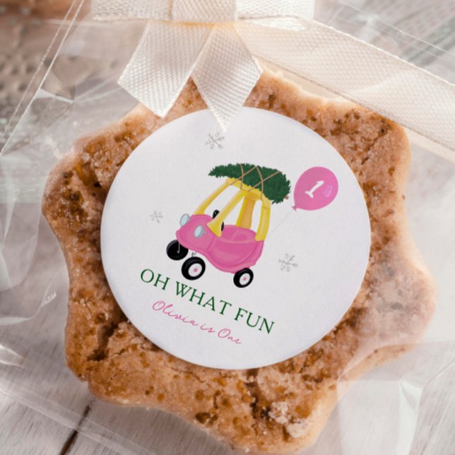 Oh What Fun Pink Christmas Car 1st Birthday Party  Classic Round Sticker (Creator Uploaded)