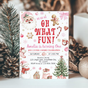 Oh What Fun Pink Santa Christmas 1st Birthday Invitation