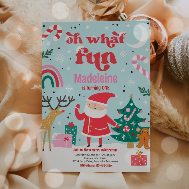 Oh What Fun Pink Santa Christmas Birthday Party Invitation (Creator Uploaded)