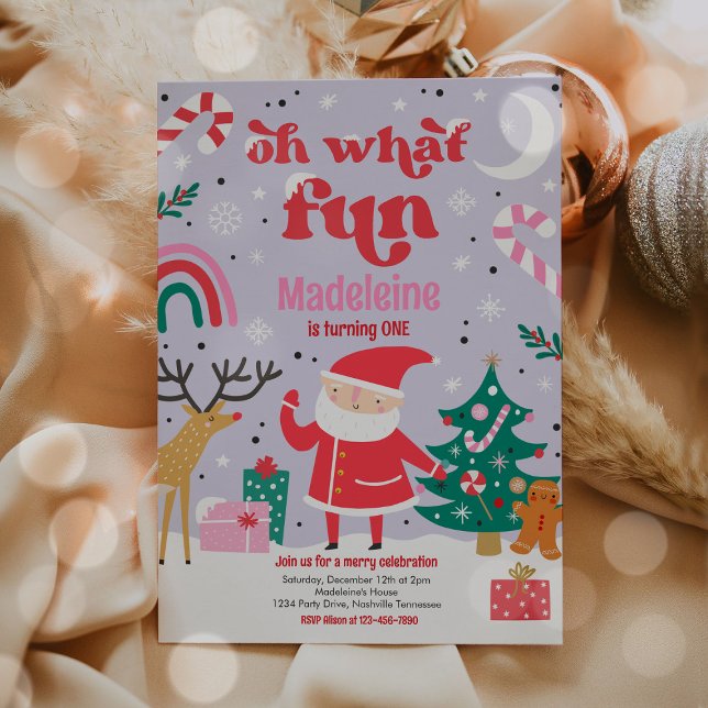 Oh What Fun Pink Santa Christmas Birthday Party Invitation (Creator Uploaded)