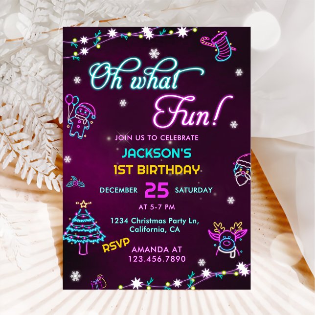 Oh What Fun Purple Neon Modern Christmas Birthday Invitation (Creator Uploaded)