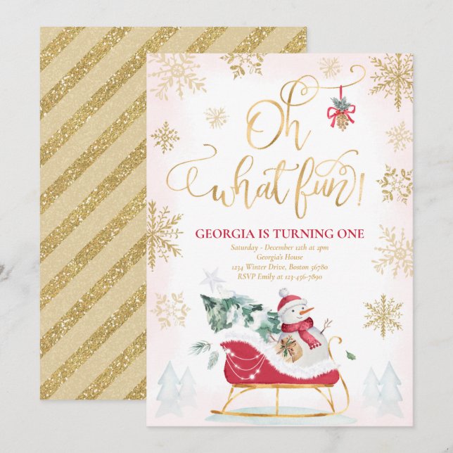 Oh What Fun Red & Gold Winter Sleigh Birthday Invitation (Front/Back)