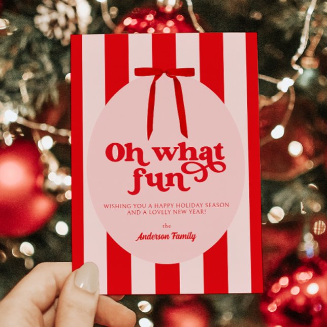 Oh What Fun Red Pink Retro Holiday Card (Creator Uploaded)