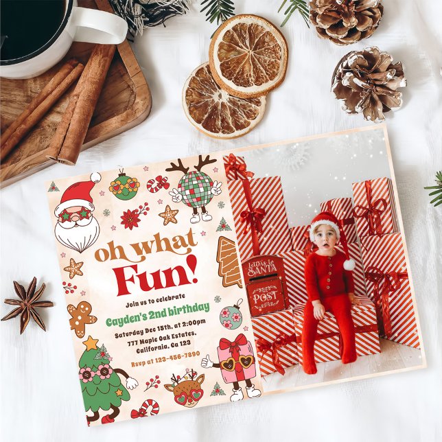 Oh What Fun Retro Christmas 2nd Birthday Photo Invitation (Creator Uploaded)