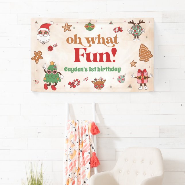 Oh What Fun Retro Christmas First Birthday Banner (Insitu)