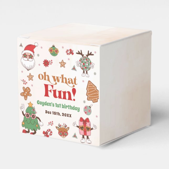 Oh What Fun Retro Christmas First Birthday Favor Box (Front Side)