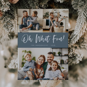 Oh What Fun Script Christmas Photo Slate Blue Holiday Card