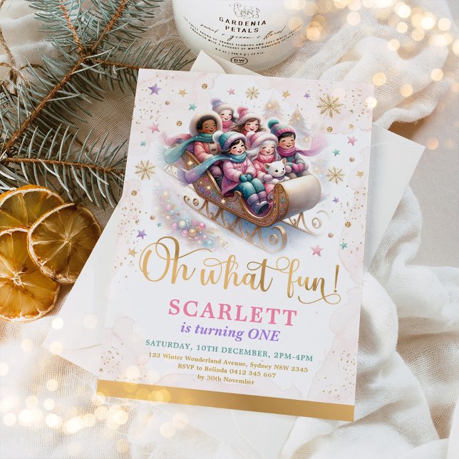 Oh What Fun Sleigh Ride Girl 1st Birthday Invitation (Creator Uploaded)