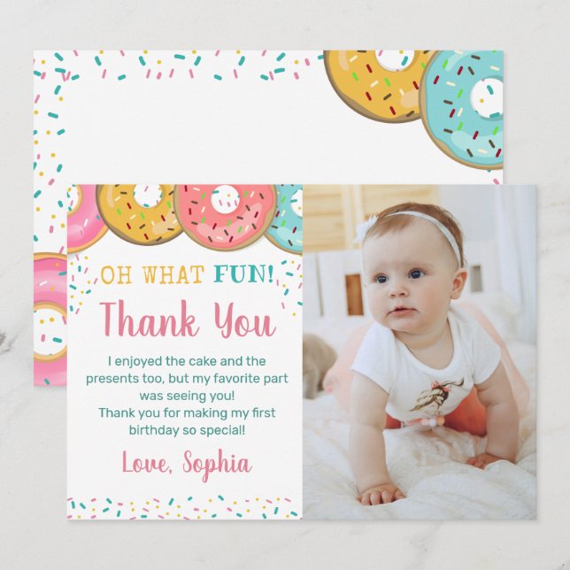 Oh What Fun Sweet Doughnuts Birthday Party  Thank You Card (Front/Back)