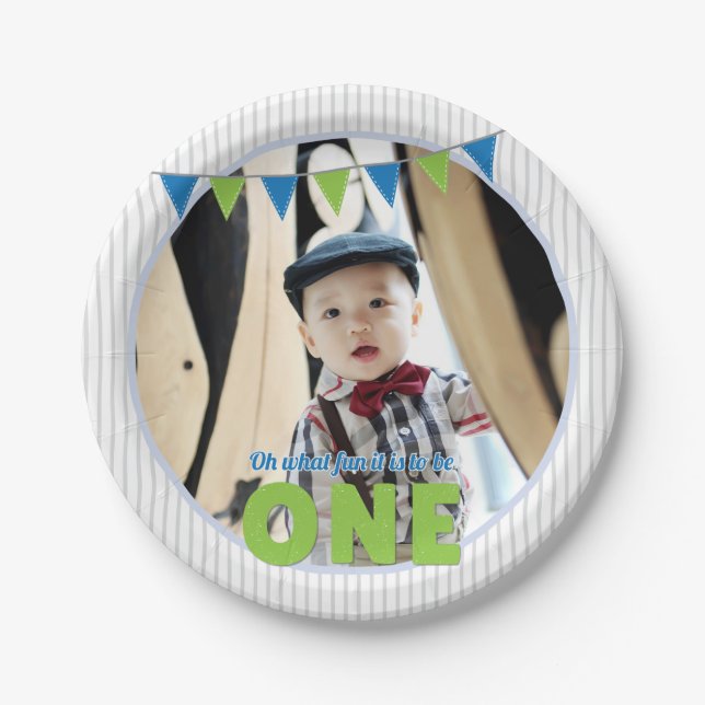 Oh What Fun to be ONE Blue Green First Birthday Paper Plate (Front)
