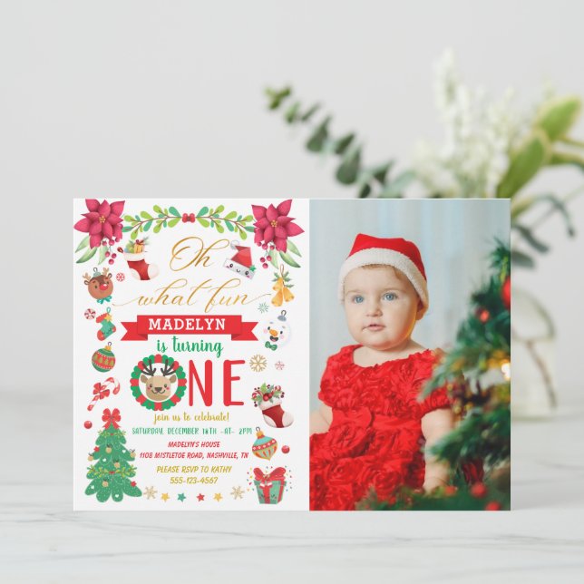 Oh What Fun To Be One Christmas Photo Birthday Invitation (Standing Front)