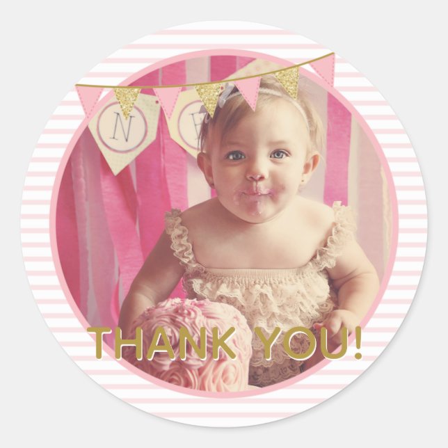 Oh What Fun to be ONE Pink & Gold First Birthday Classic Round Sticker (Front)