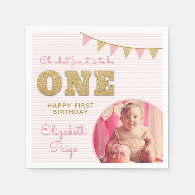 Oh What Fun to be ONE Pink & Gold First Birthday Napkin (Front)