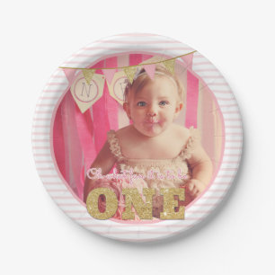 Oh What Fun to be ONE Pink & Gold First Birthday Paper Plate