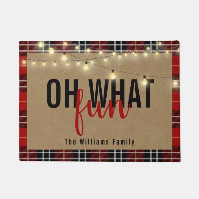 OH WHAT FUN Typography Red and Black Plaid Custom Doormat (Front)