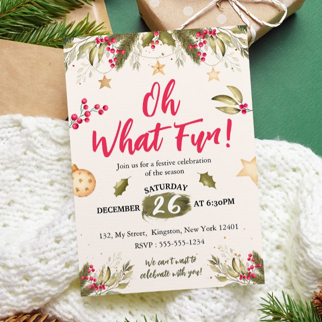Oh What Fun! watercolor and nature Christmas Party Invitation (Creator Uploaded)