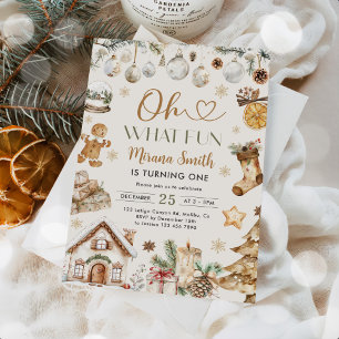 Oh What Fun Watercolor Christmas 1st Birthday Invitation
