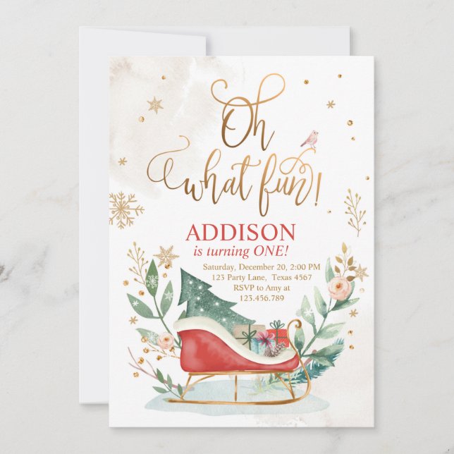 Oh What Fun Winter Sleigh 1st Birthday Invitation (Front)