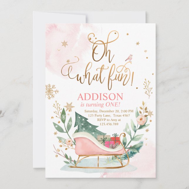 Oh What Fun Winter Sleigh 1st Birthday Invitation (Front)