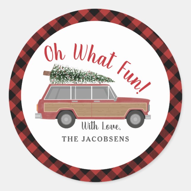 Oh What Fun Wood Wagon Plaid Christmas Tree Classic Round Sticker (Front)
