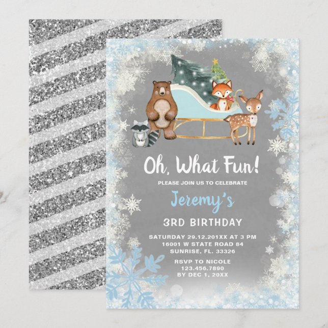 Oh What Fun Woodland Animal Snowflakes Sleigh  Invitation (Front/Back)
