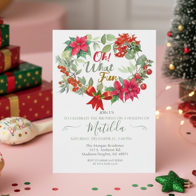 Oh What Fun Wreath Christmas Birthday Party  Invit Invitation (Creator Uploaded)