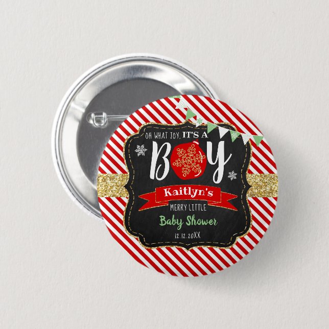"Oh What Joy, It's A Boy!" Christmas Baby Shower 2 Inch Round Button (Front & Back)