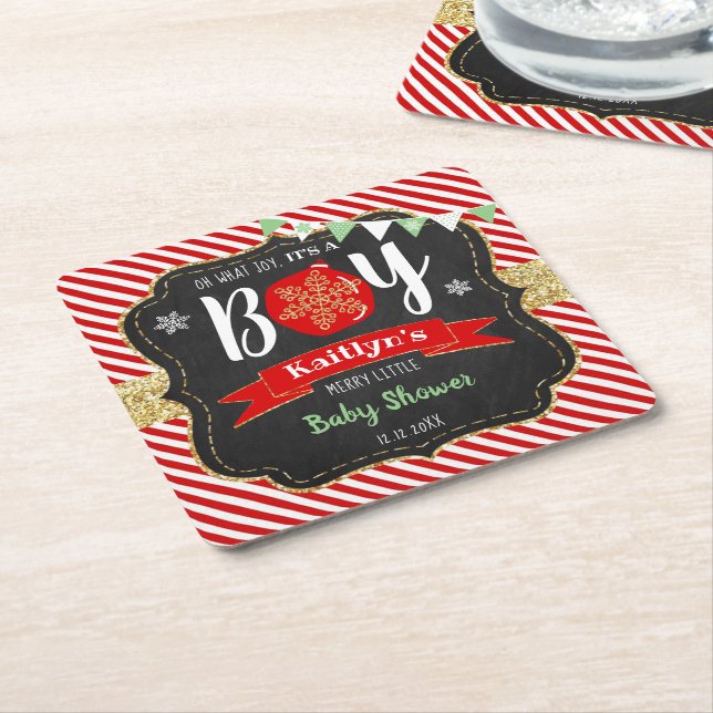 "Oh What Joy, It's A Boy!" Christmas Baby Shower Square Paper Coaster (Angled)