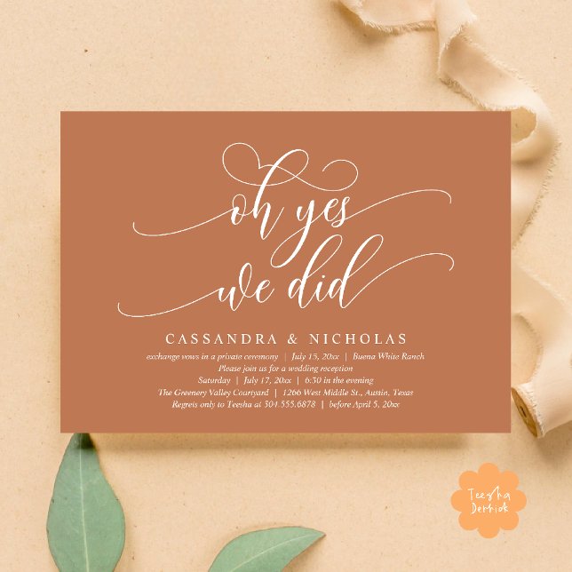 Oh Yes, We Did, Modern Romantic Wedding Reception Invitation (Oh Yes, We Did, Modern Romantic Modern Wedding Reception Invitation Card PDF Copper Brown)