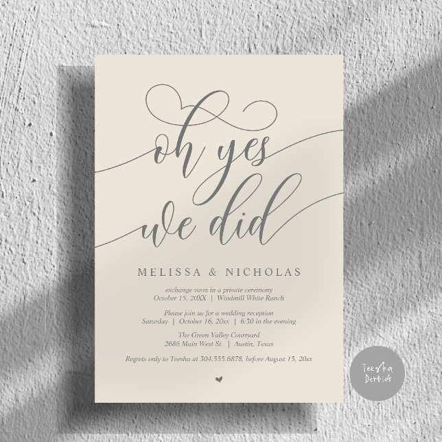 Oh Yes We Did Modern Script Elopement Announcement (Oh Yes We Did Modern Creative Script Elopement Announcement Dinner Card in Cream Dark Grey)