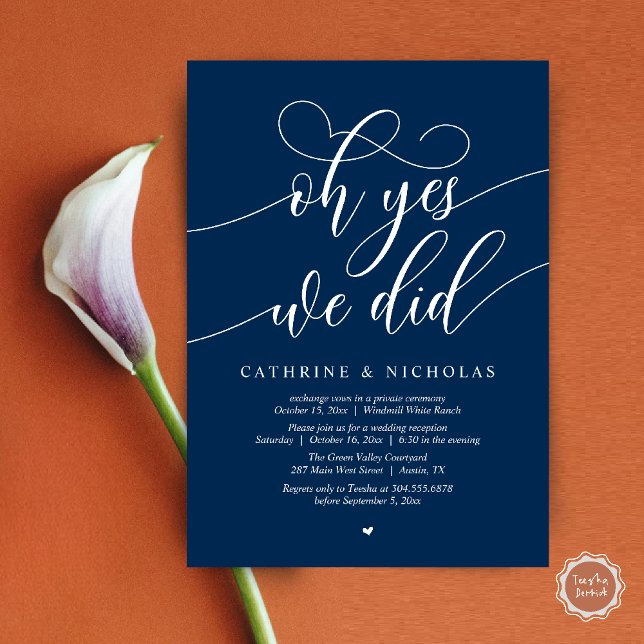 Oh Yes, We Did, Modern Script Wedding Reception Invitation (Oh Yes, We Did, Modern Script Wedding Reception Invitation Card PDF Navy Blue)