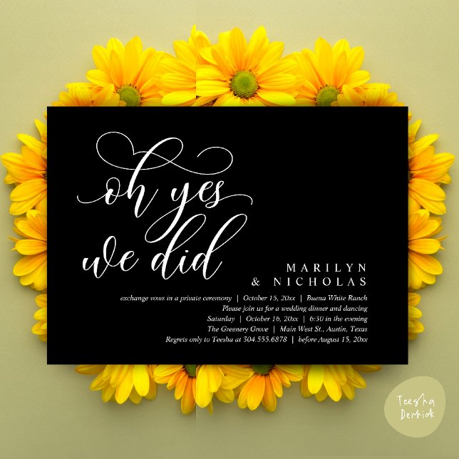 Oh Yes, We Did, Modern Wedding Dinner and Party Invitation (Oh Yes, We Did, Wedding Elopement Dinner Romantic Modern Party Invitation Card PDF Black White)