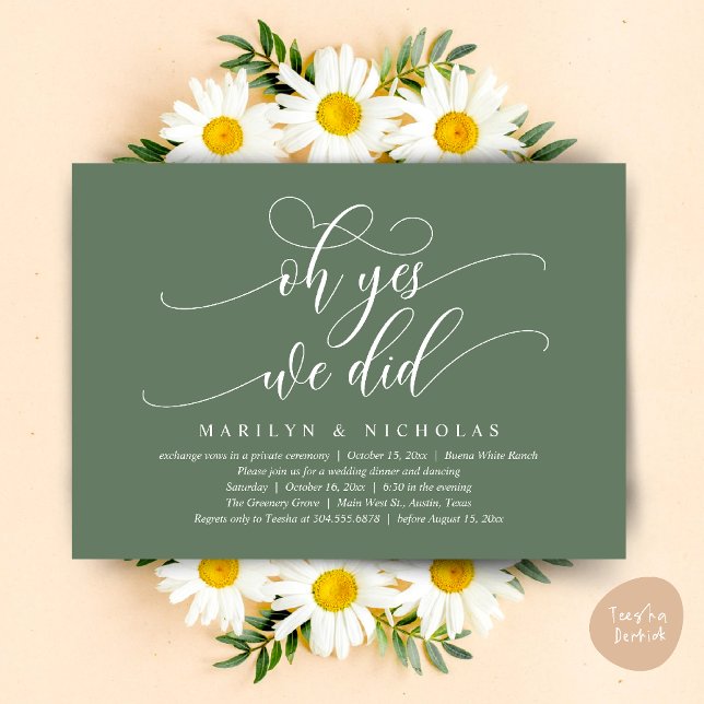 Oh Yes, We Did, Modern Wedding Dinner and Party Invitation (Oh Yes, We Did, Wedding Elopement Dinner Romantic Modern Party Invitation Card PDF Sage Green)