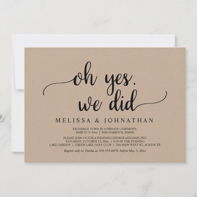 Oh Yes, We Did, Rustic Wedding Elopement Party Inv Invitation (Front)