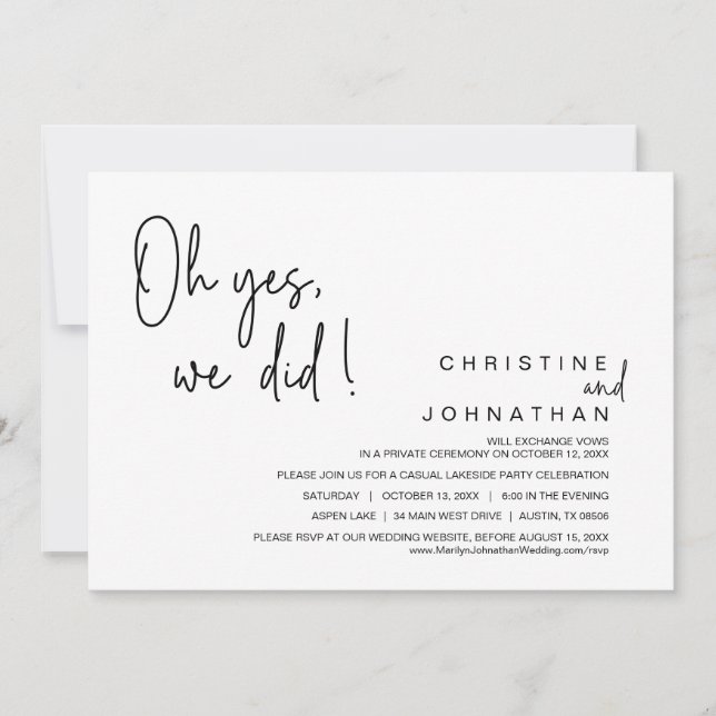 Oh Yes, We Did, Wedding Elopement Dancing Party Invitation (Front)