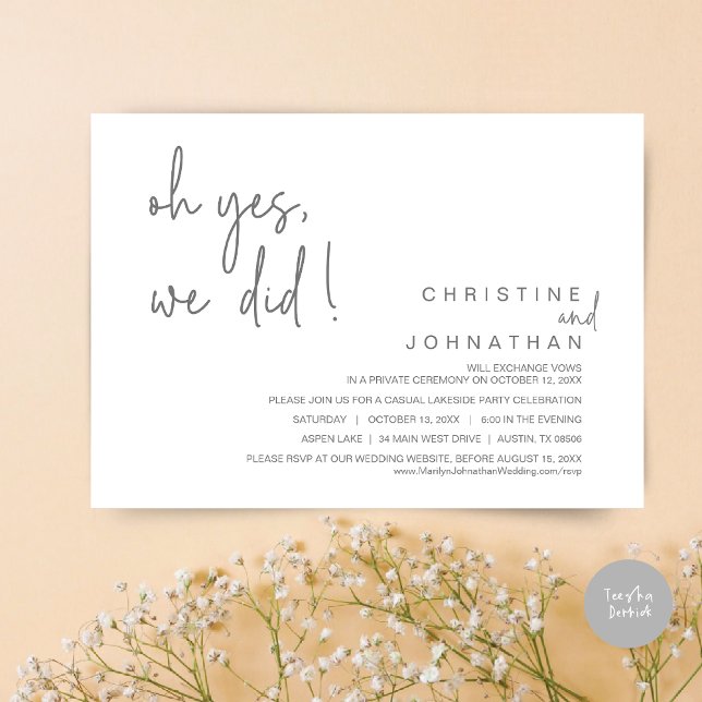 Oh Yes, We Did, Wedding Elopement, Dark Grey Invitation (Oh Yes, We Did, Modern Wedding Elopement Dinner Party Invitation Card, PDF, Dark Grey)
