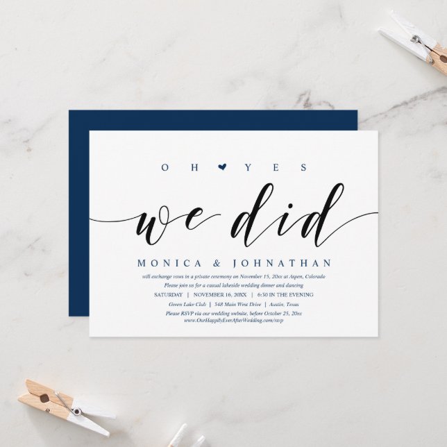 Oh Yes, We Did, Wedding Elopement Dinner Party Inv Invitation (Front/Back In Situ)