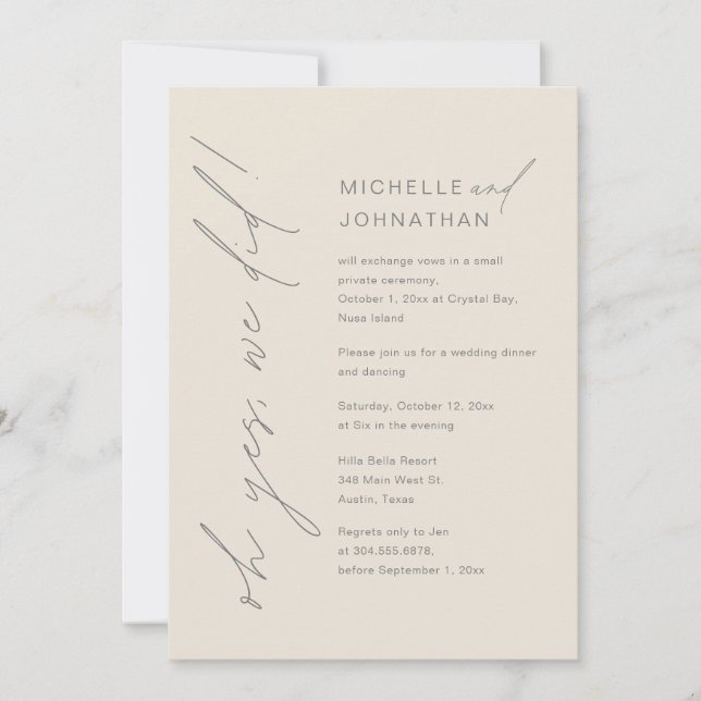 Oh Yes, We Did, Wedding Elopement Dinner Party Invitation (Front)