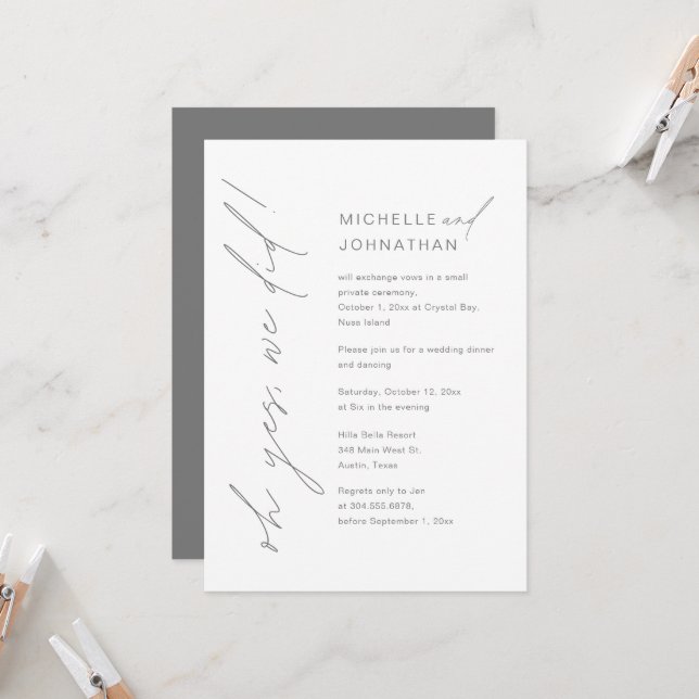 Oh Yes, We Did, Wedding Elopement Dinner Party Invitation (Front/Back In Situ)