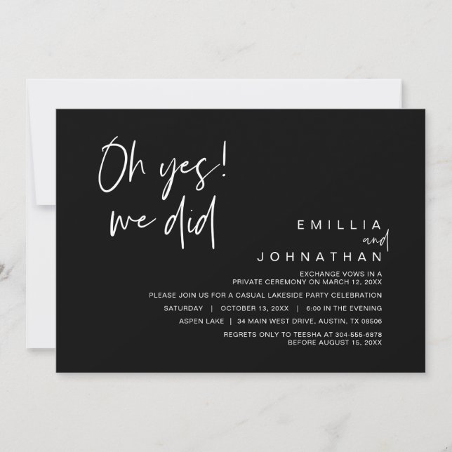 Oh Yes, We Did, Wedding Elopement Dinner Party Invitation (Front)