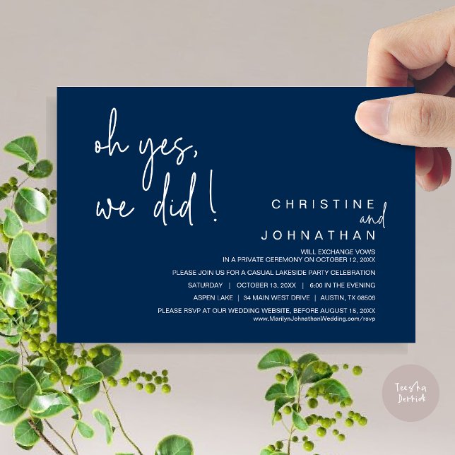 Oh Yes, We Did, Wedding Elopement, Navy Blue Invitation (Oh Yes, We Did, Modern Wedding Elopement Dinner Party Invitation Card, PDF, Navy Blue)