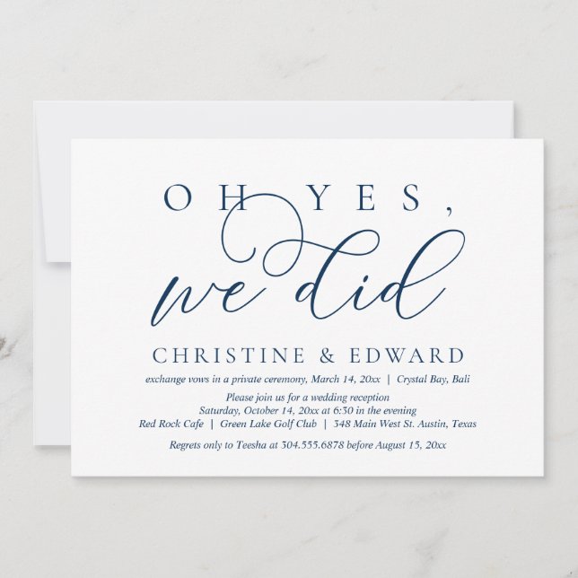 Oh Yes, We Did, Wedding Elopement, Navy Blue Invitation (Front)