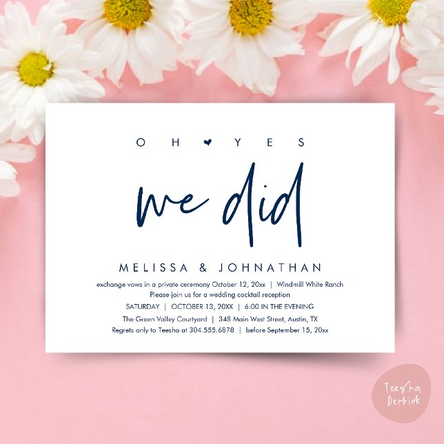 Oh yes we did, Wedding Reception Dinner Dancing Invitation (Oh yes we did, Modern Wedding Reception Dinner Dancing Minimalist Invitation Card PDF Navy Blue)