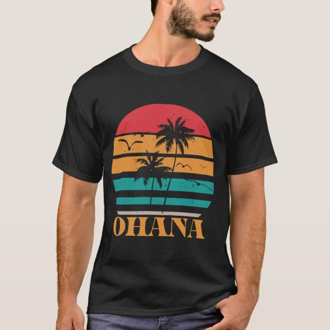 Ohana Retro 1970s Style Tropical Sunset Graphic T-Shirt (Front)
