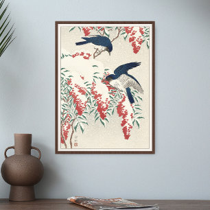 Ohara Koson Flycatchers on Nandina Bush Bird Japan Poster
