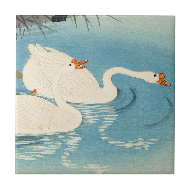 Ohara Shoson Two Sweeming Geese japanese art Tile (Front)