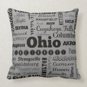 OHIO Cities in Gray and Black Throw Pillow